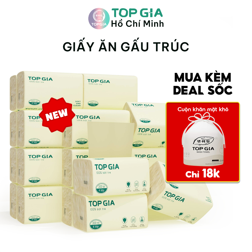 Giấy ăn gấu trúc TopGia thùng 30 gói rút, giấy nâu bột tre hàng cao cấp siêu mềm mịn, siêu dai và không mủn giấy