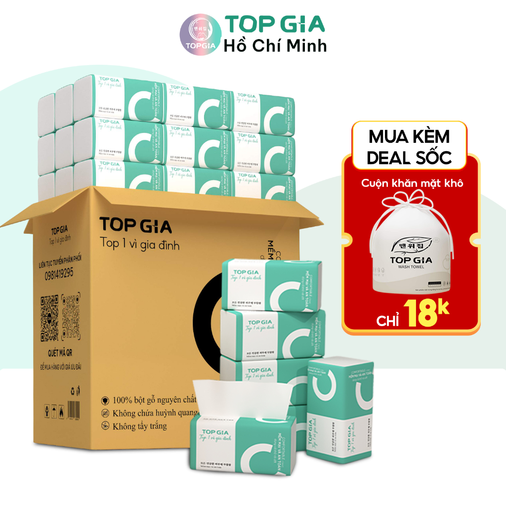 Khăn giấy rút Top Gia size lớn, giấy ăn lụa thùng 20 gói 4 lớp siêu dai và không bụi giấy