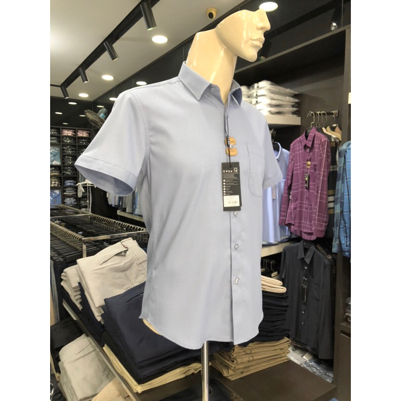 Áo sơ mi owen ngắn tay màu dobby xám xanh regular fit vải sồi AR230181N
