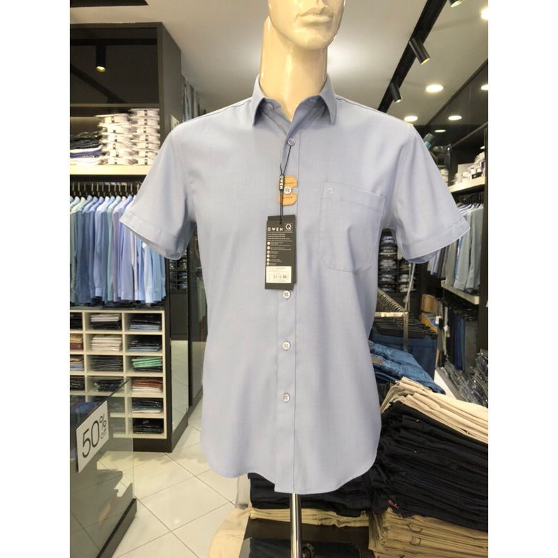 Áo sơ mi owen ngắn tay màu dobby xám xanh regular fit vải sồi AR230181N