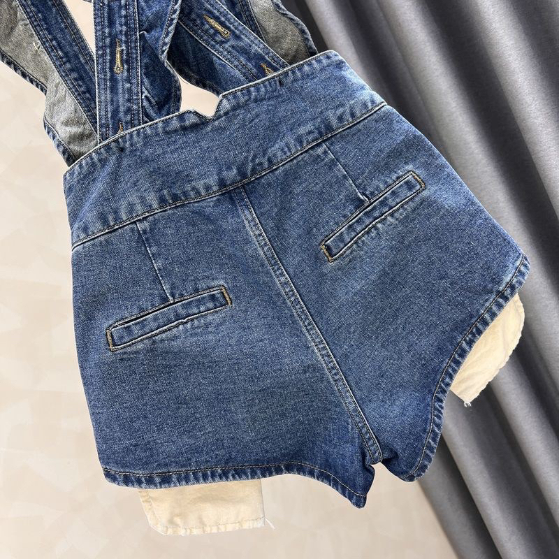 Set Jeans Quần short yếm hai dây bảng to bèo gài 3 nút lòi túi lót