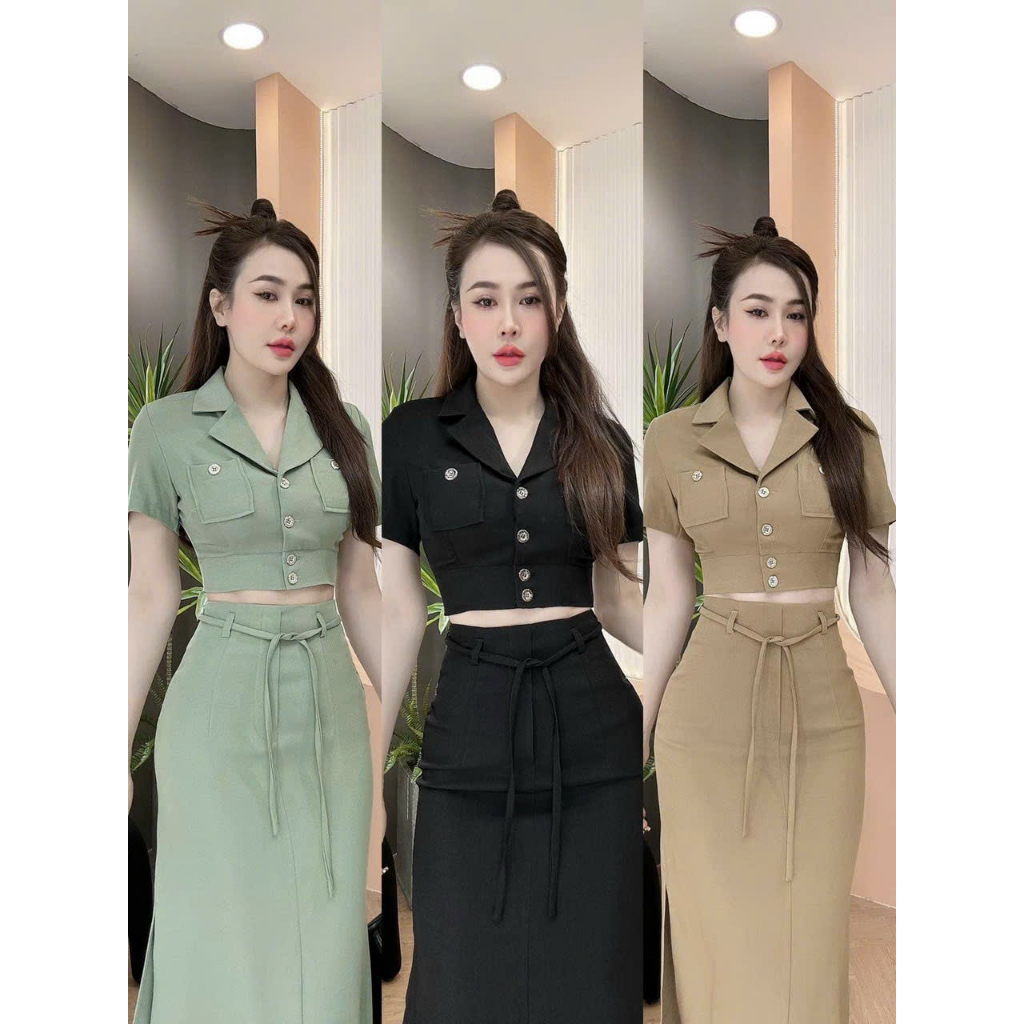 SÉT BỘ ÁO CỔ VEST CHÂN VÁY DÀI KÈM DÂY SIÊU SANG CHẢNH ĐẸP TỪNG CENTIMET