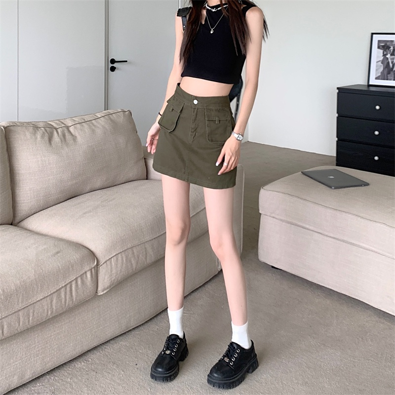 Chân váy jean lưng cao màu rêu hack dáng, Chân váy túi hộp phong cách năng động siêu xinh