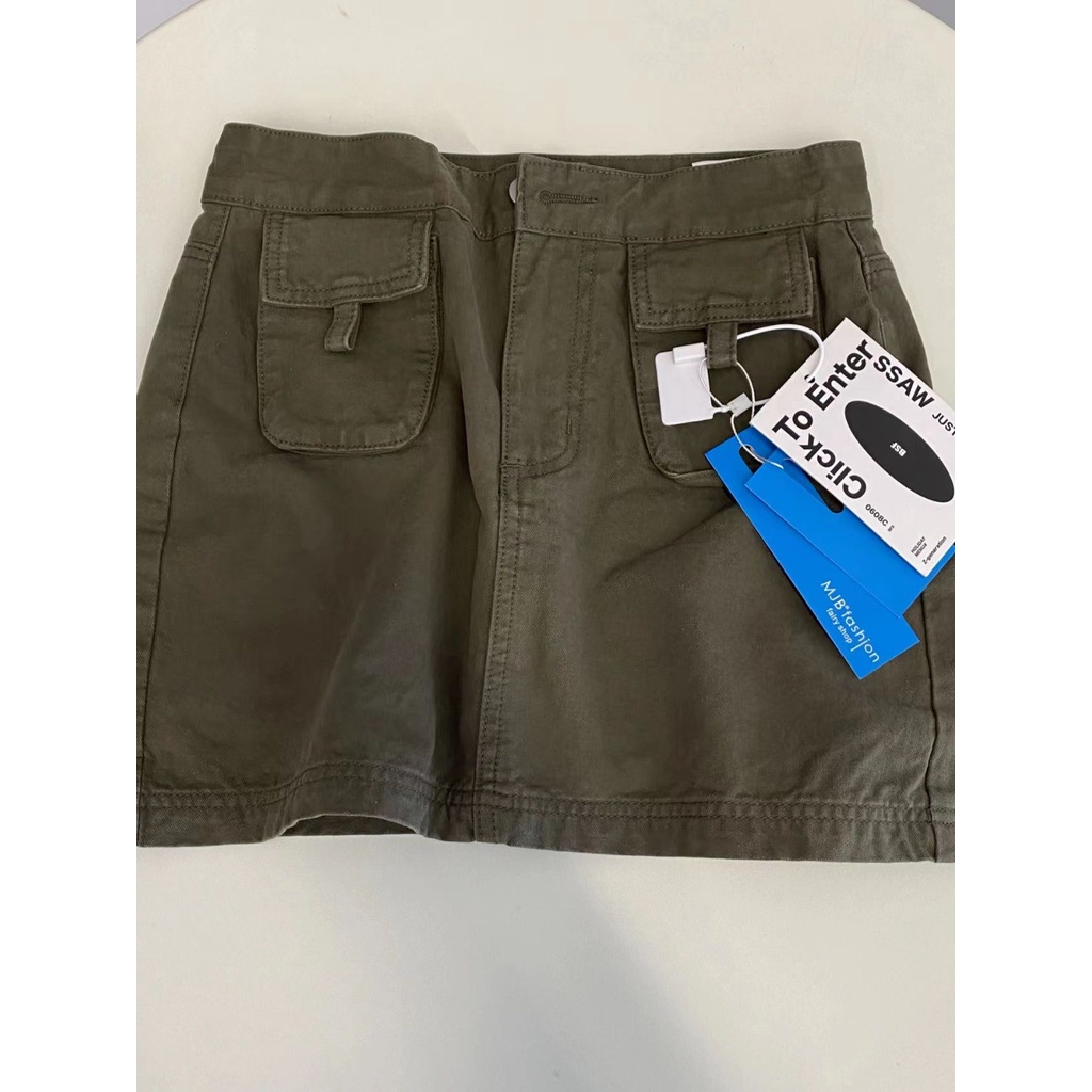 Chân váy jean lưng cao màu rêu hack dáng, Chân váy túi hộp phong cách năng động siêu xinh