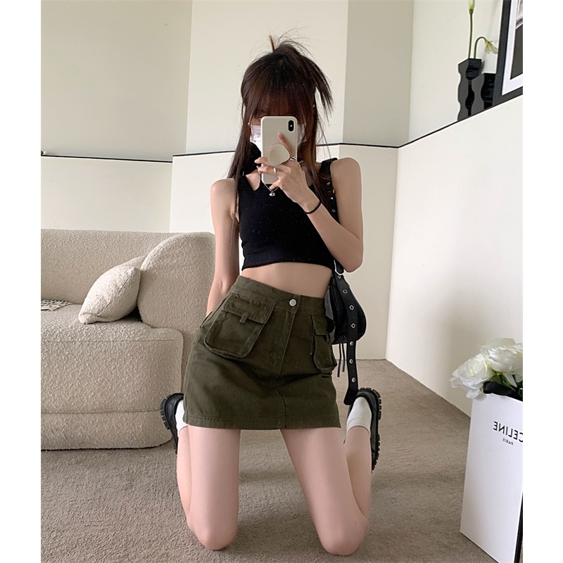 Chân váy jean lưng cao màu rêu hack dáng, Chân váy túi hộp phong cách năng động siêu xinh