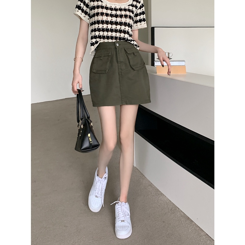 Chân váy jean lưng cao màu rêu hack dáng, Chân váy túi hộp phong cách năng động siêu xinh