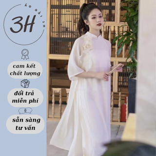 Áo dài Trắng Voan Tơ 4 Tà tay lỡ cách tân thiết kế đính hoa nổi - Áo Dài 3H