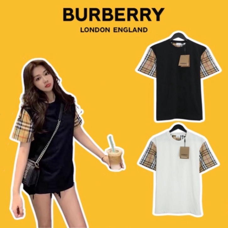 Áo Phông Tay Lỡ Burberry Nam Nữ Màu Đen Trắng Áo Thun Tay Phối Kẻ Vàng BBR Nam Nữ Chất Lụa Mát Mịn MimiShop