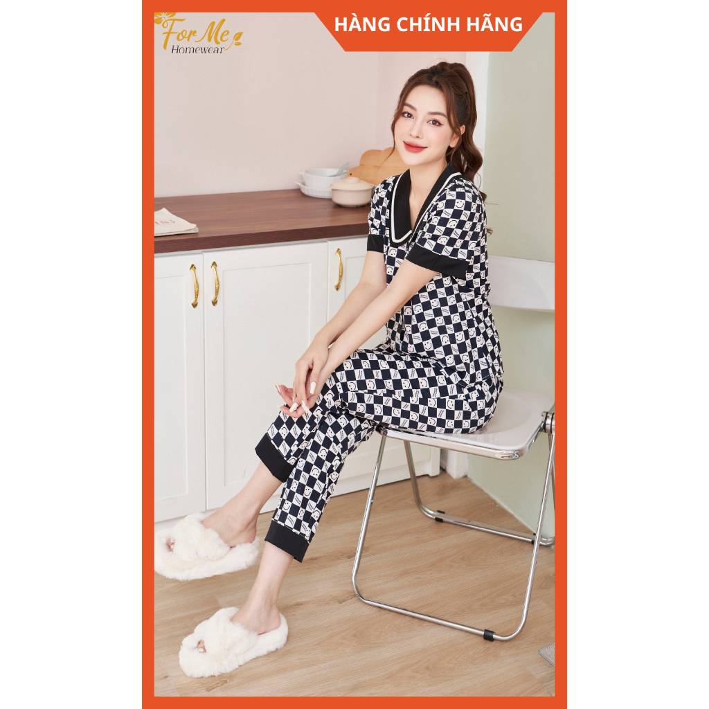 Bộ Lụa Hàn Ngắn Tay Quần Dài Ô VUÔNG ĐEN TRẮNG CỔ SEN 10, Hàng Chính Hãng ForMe Pijamas