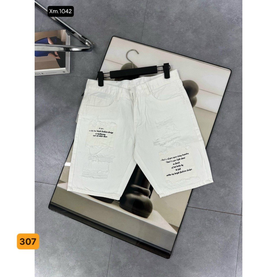 Quần short jean nam trắng trơn chữ in cao cấp - chất vải denim dày dặn co giãn thoải mái - Lady-Hn Store88 K01