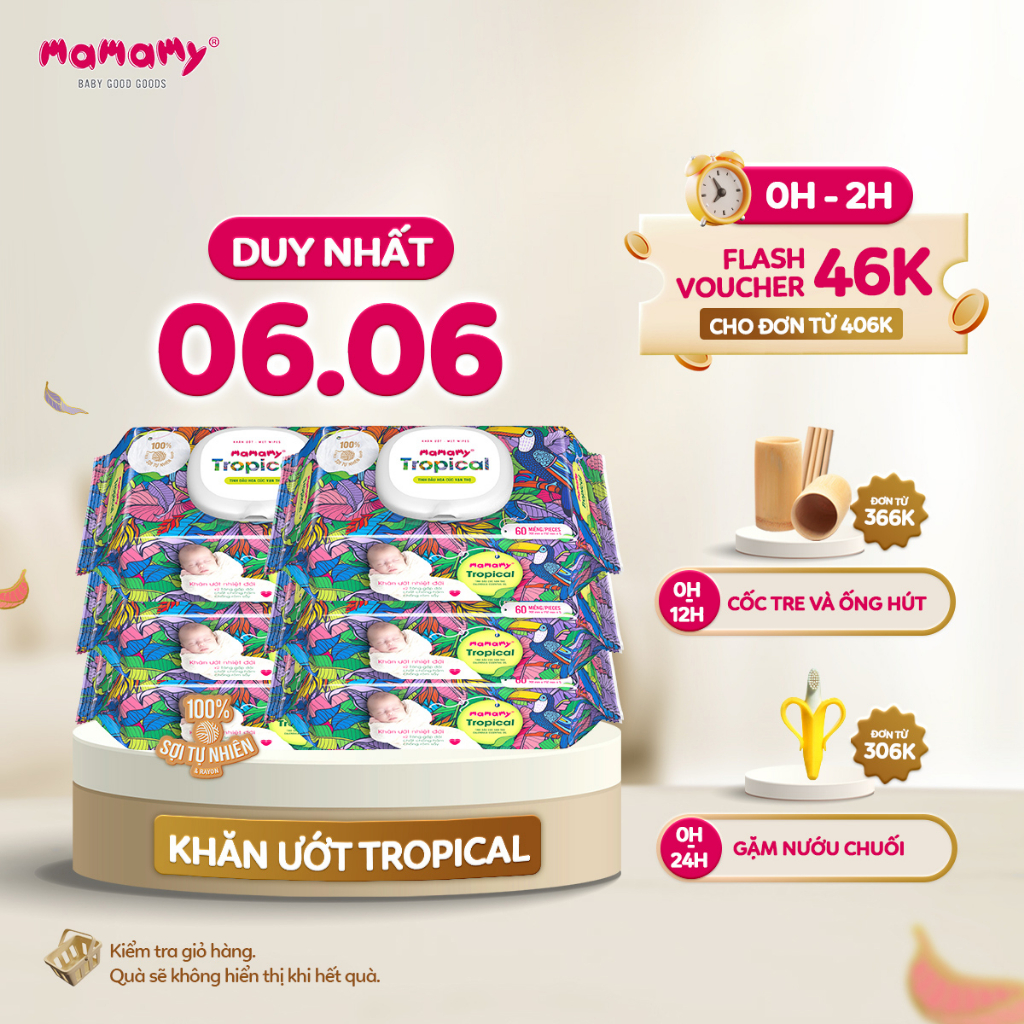 Combo 6 Khăn giấy ướt 100% sợi tự nhiên và rayon Mamamy Tropical Tinh dầu cúc vạn thọ/Không mùi 90 tờ