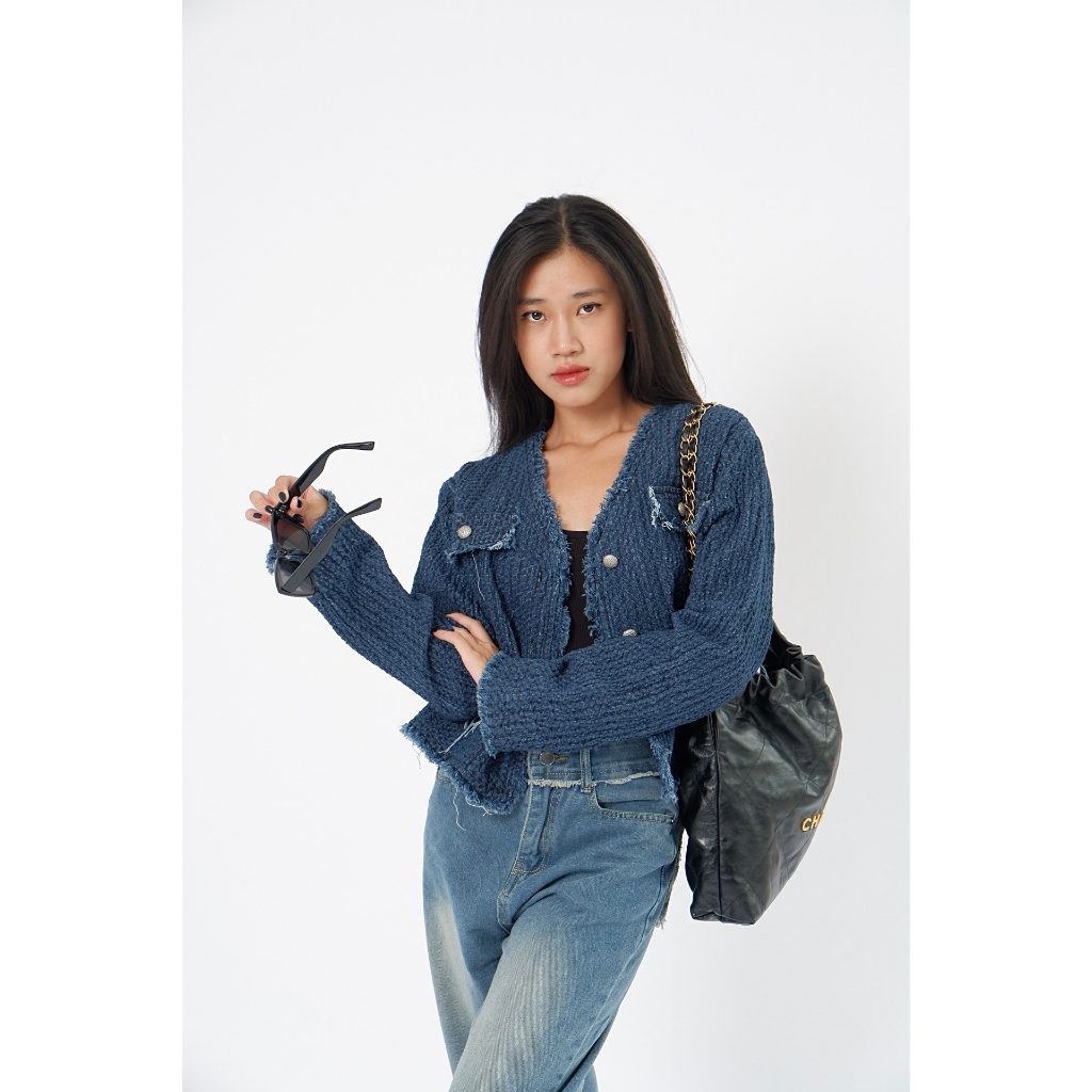 Áo khoác denim tweed Niuot Jean Turu xanh dương