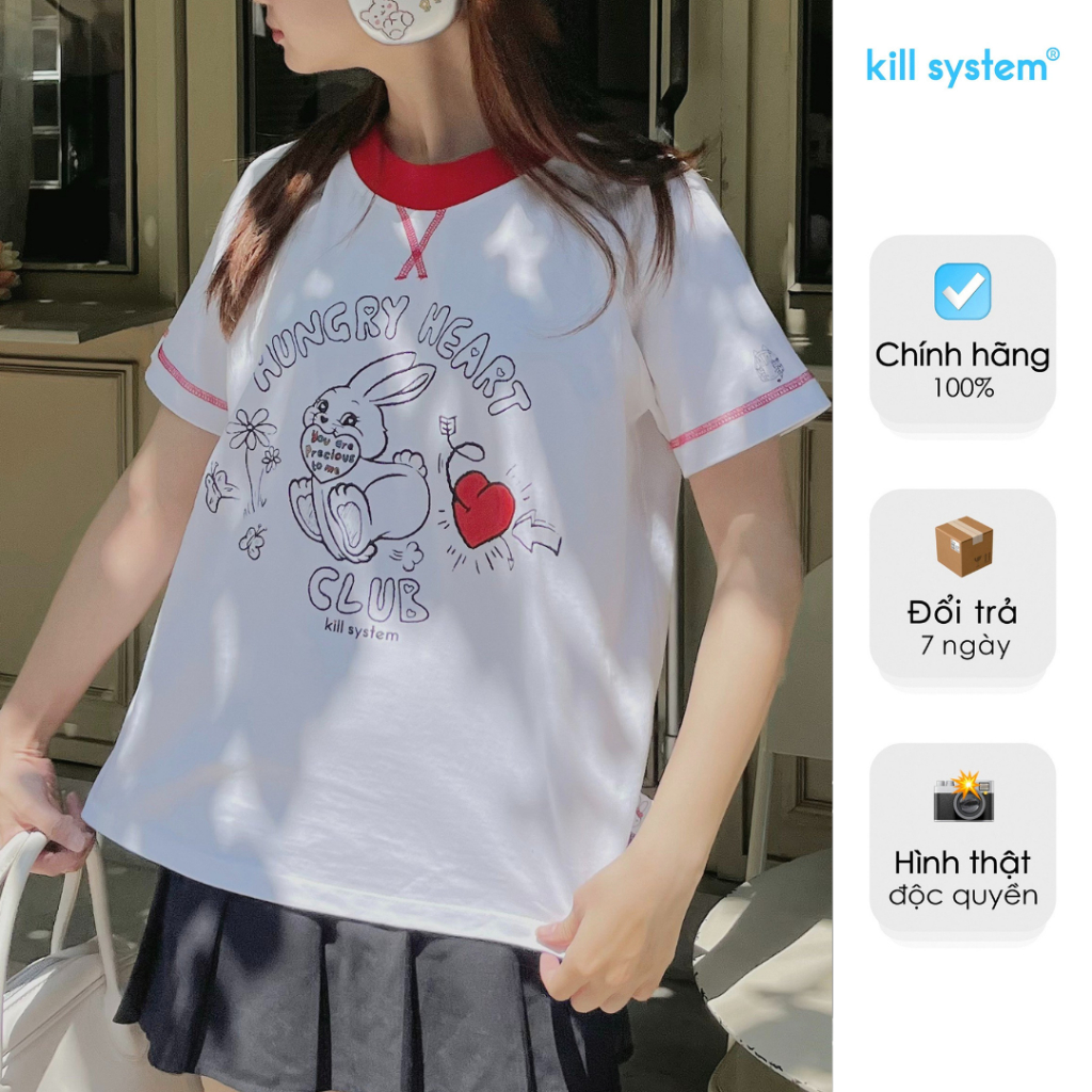 Áo thun form fit Kill System Hungry Heart màu trắng đỏ chất vải cotton