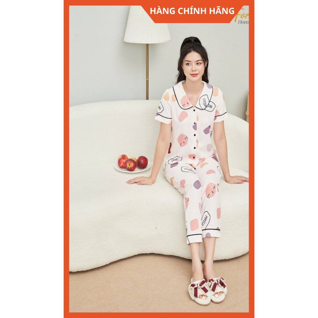 Bộ Lụa Hàn Cao cấp Ngắn Tay Quần Dài MÈO HELLO CỔ SEN 10, Hàng Chính Hãng ForMe Pijamas