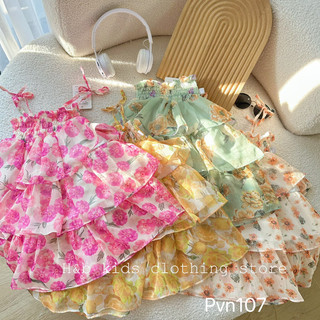 Váy maxi đi biển bé gái, đầm maxi hai dây chất voan, đầm tầng hoa đi biển cho bé từ 8-28kg, YURICANDY