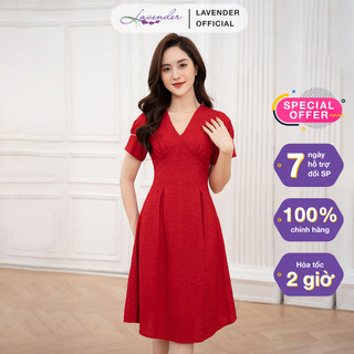 Đầm công sở thiết kế LAVENDER FASHION đỏ cổ tim dáng xòe D2445
