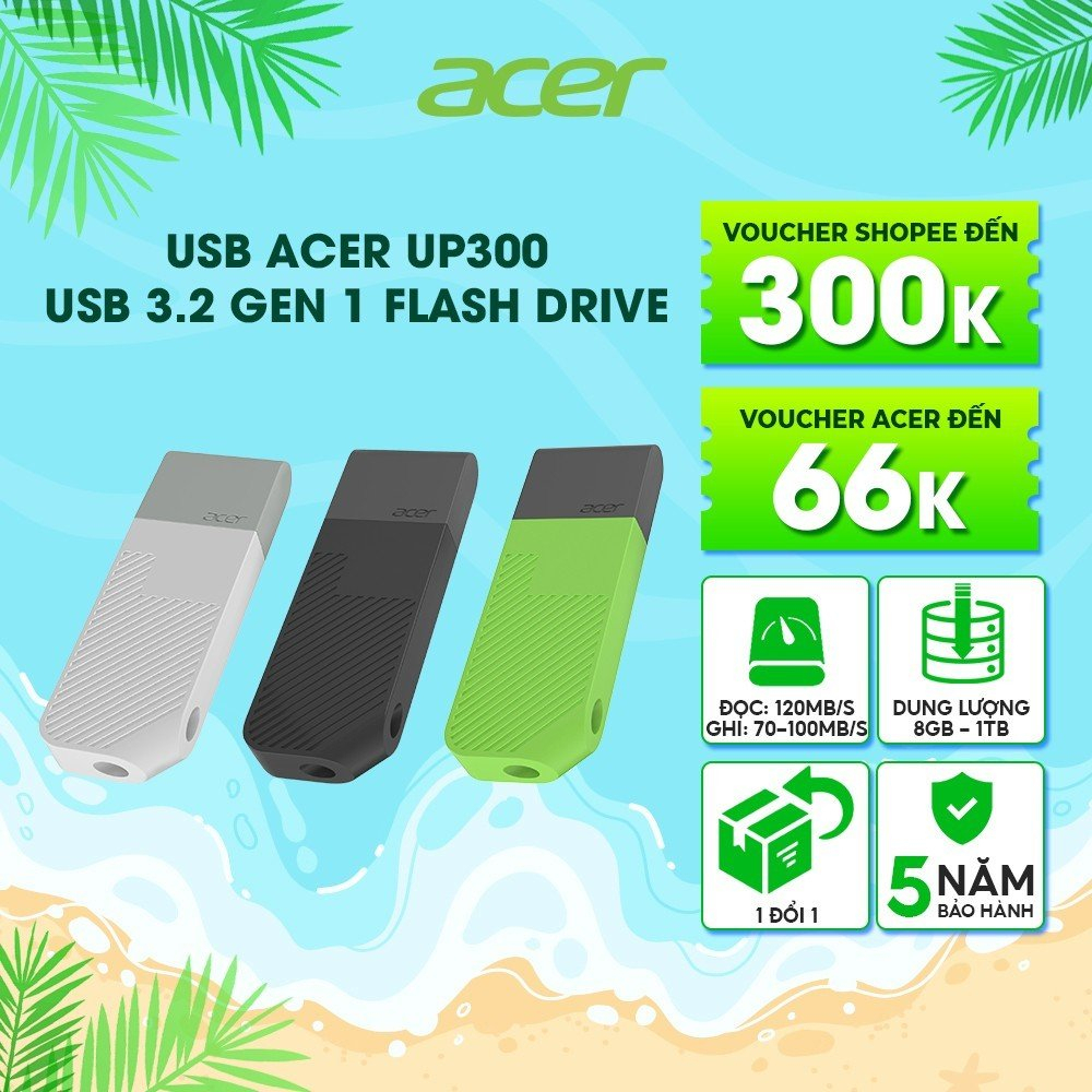 - USB 3.2 Gen 1 Acer UP300 Tốc Độ Đọc/Ghi Lên Đến 100MB/s Dung Lượng 256GB/512GB/1TB