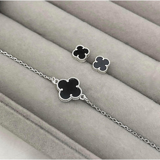 Combo Lắc tay và bông tai cỏ 4 lá đen
