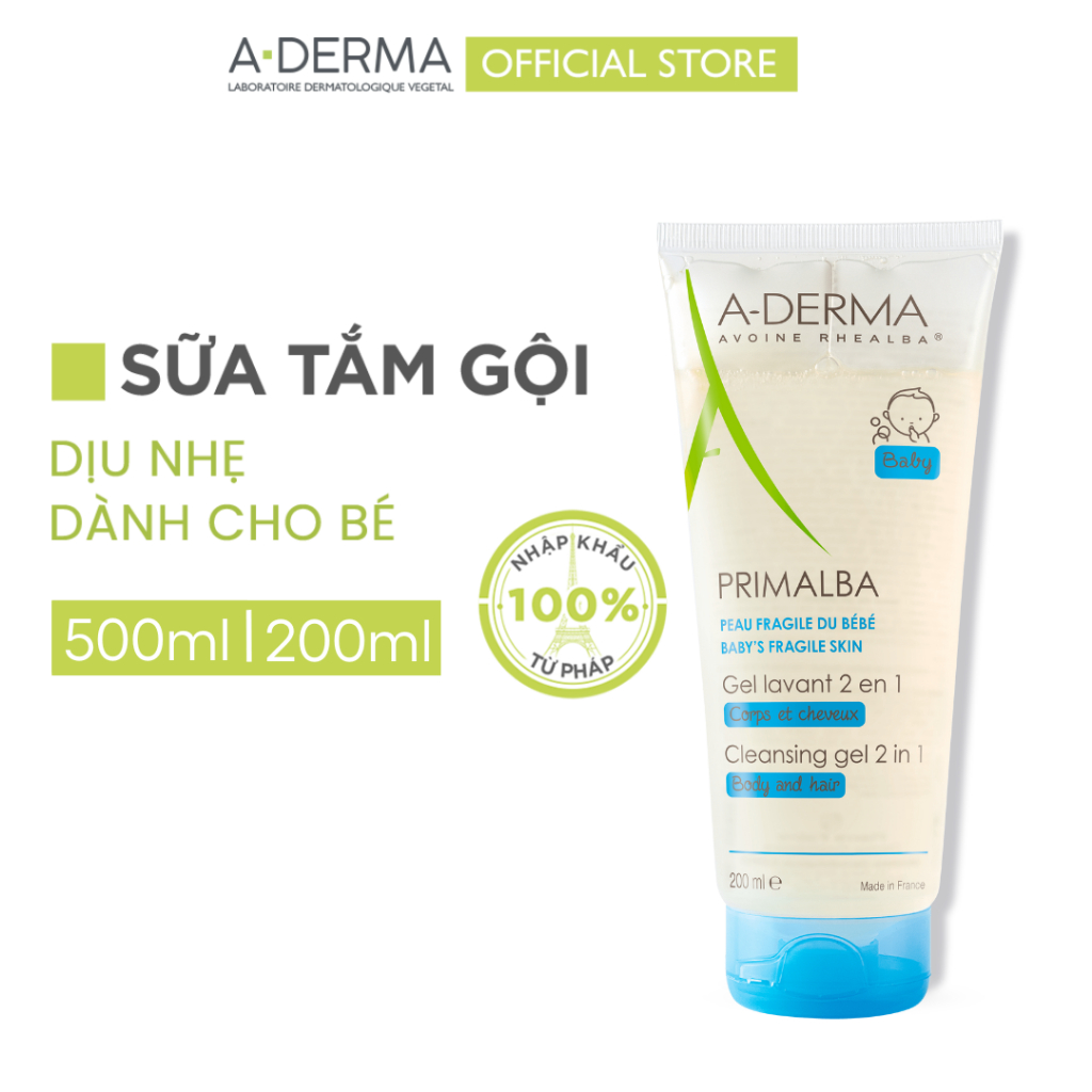 Sữa Tắm Gội Dịu Nhẹ Chuyên Biệt Cho Làn Da Mỏng Manh Của Bé A-Derma PRIMALBA CLEANSING GEL 2IN1