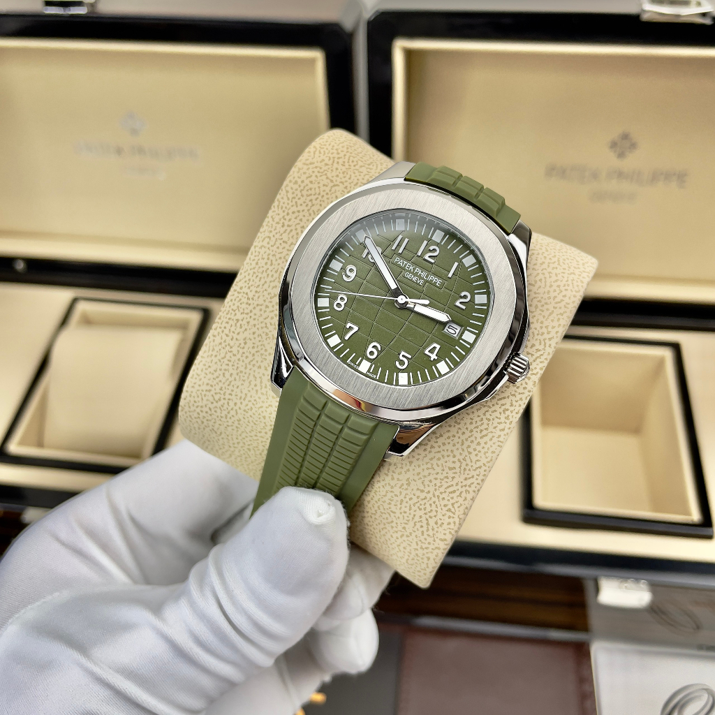 Đồng hồ Nam PaTe vuông măt xanh lá vỏ trắng 3kim vành trơn cơ automatic máy nhật  size 40mm dây cao su