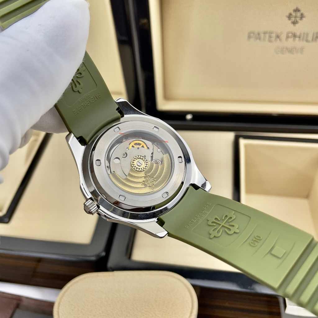 Đồng hồ Nam PaTe vuông măt xanh lá vỏ trắng 3kim vành trơn cơ automatic máy nhật  size 40mm dây cao su