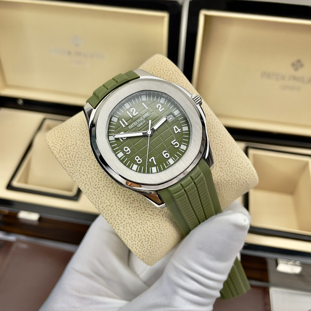 Đồng hồ Nam PaTe vuông măt xanh lá vỏ trắng 3kim vành trơn cơ automatic máy nhật  size 40mm dây cao su