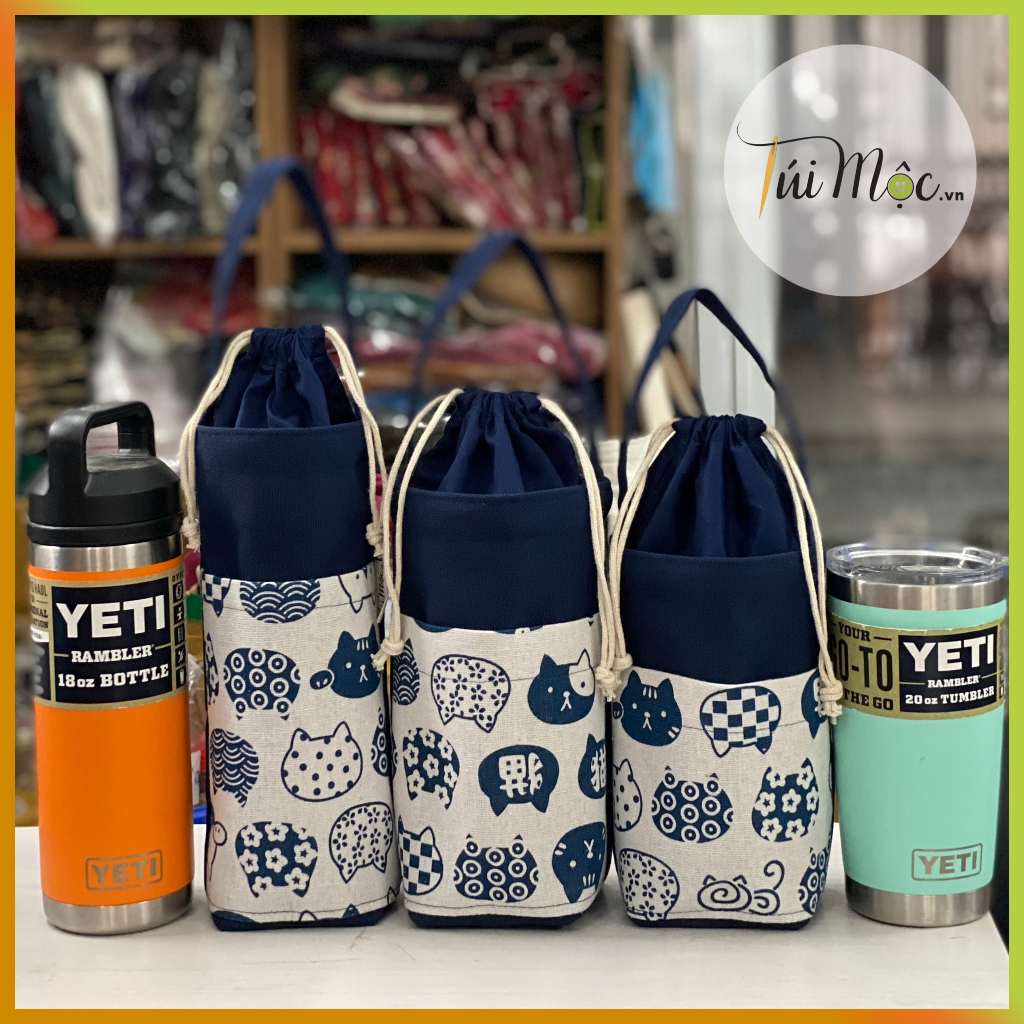 Túi Canvas màu Xanh navy - Mèo trắng 😽💖 cực dễ thương đựng ly giữ nhiệt nhỏ gọn, tiện lợi