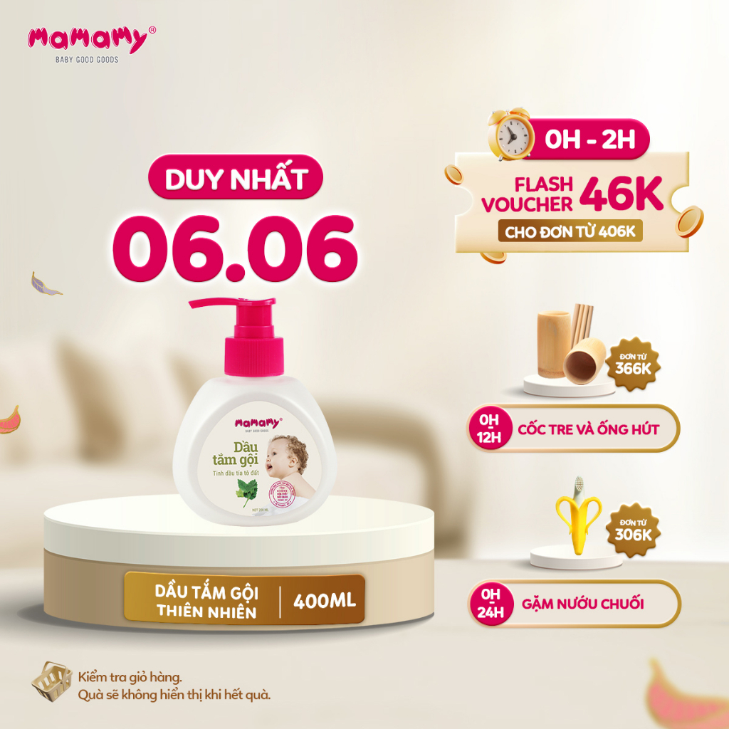 Dầu tắm gội kháng khuẩn và ngừa hăm - rôm sảy Mamamy tinh dầu vỏ bưởi/ tinh dầu tía tô đất 400ml