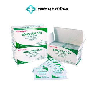 Hộp 100 miếng bông tẩm cồn tiệt trùng Tanaphar bông sát khuẩn dùng trong y tế