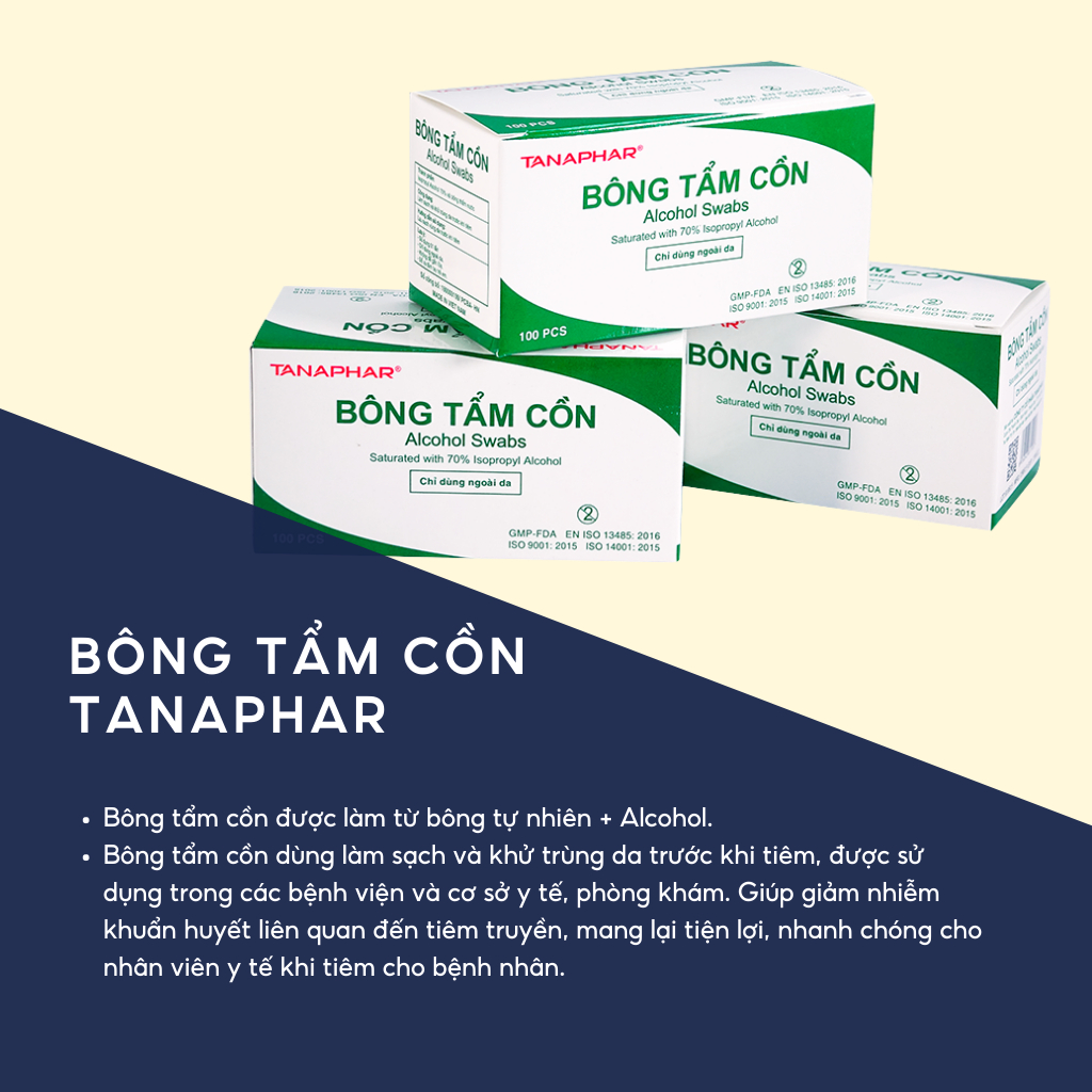 Hộp 100 miếng bông tẩm cồn tiệt trùng Tanaphar bông sát khuẩn dùng trong y tế