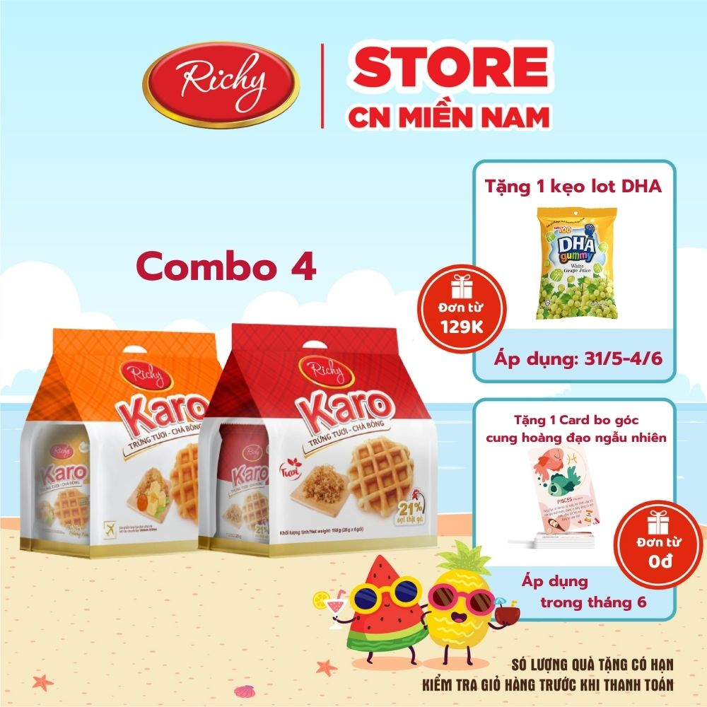 Combo 4 bịch bánh Karo Richy trứng tươi chà bông sợi gà và phô mai hoàng kim