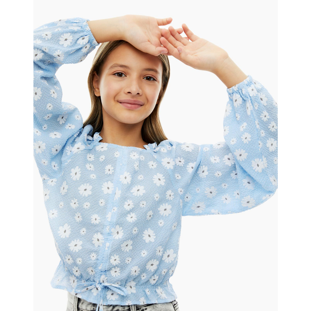 Áo blouse caro in hoa bé gái, áo kiểu dài tay dây rút thắt nơ eo trẻ em