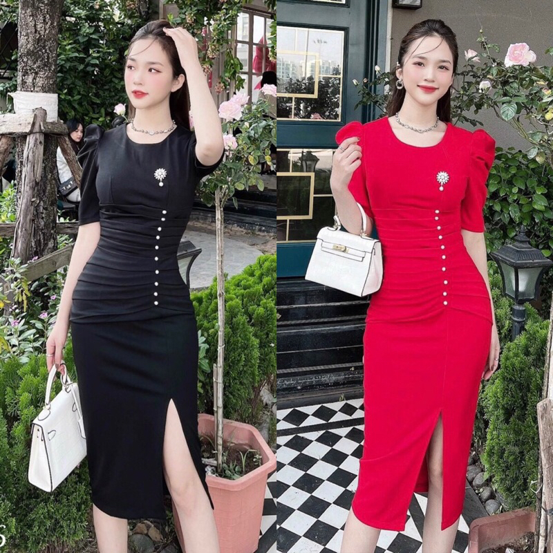 Đầm dự tiệc body nhún eo đính ngọc kèm tag cài áo M/L/XL/2XL
