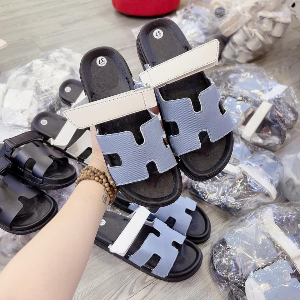 Dép chữ H nữ Hm quai dán CÓ SẴN đế cao 3 phân màu trắng đen