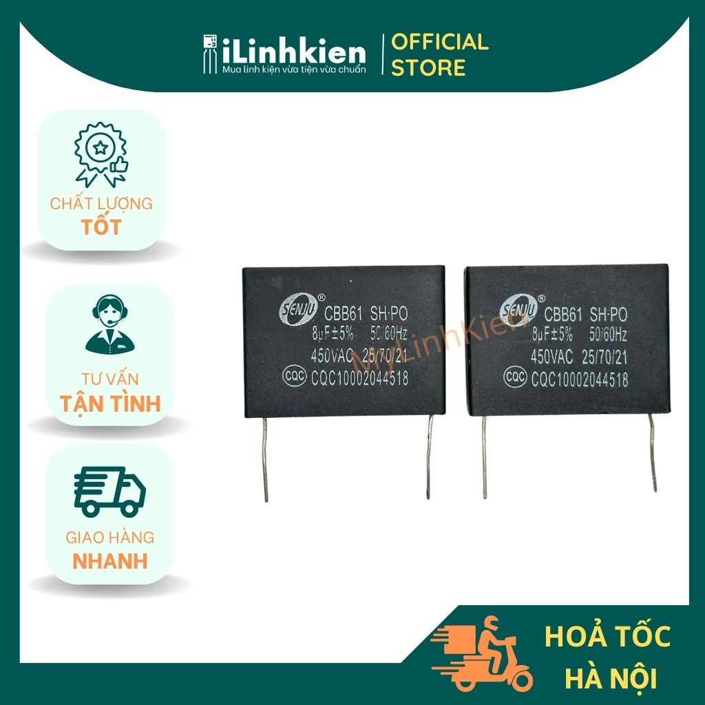 Tụ quạt 8uF 450VAC chân hàn mạch PCB CBB61 chất lượng cao.