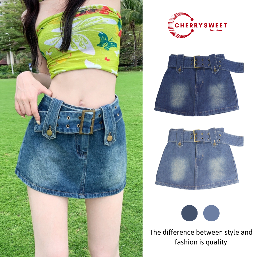 Chân váy jean ngắn kèm đai nữ CHERRYSWEET chất vải bò denim dáng chữ a có quần trong phong cách retro cao bồi T081