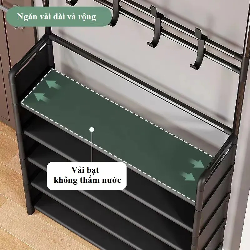 Kệ để giày dép 4 tầng hình chữ L có móc treo nón, áo khoác…. Chất liệu chắc chắn, bền bỉ, kết  cấu dễ dàng lắp đặt