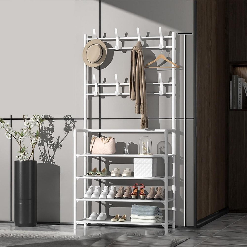 Kệ để giày dép 4 tầng hình chữ L có móc treo nón, áo khoác…. Chất liệu chắc chắn, bền bỉ, kết  cấu dễ dàng lắp đặt