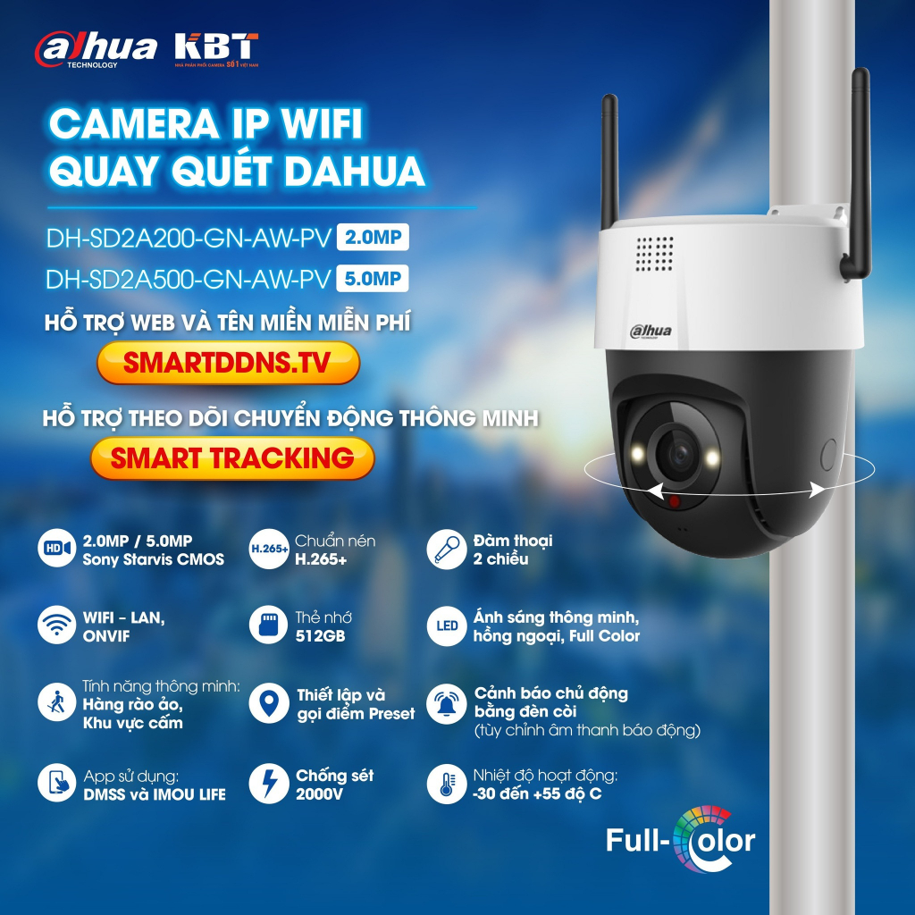 Camera wifi PTZ mini 2.0MP xoay 360 độ ngoài trời chính hãng -SD2A200, báo động còi hú, có màu ban đêm, Full HD 1080P