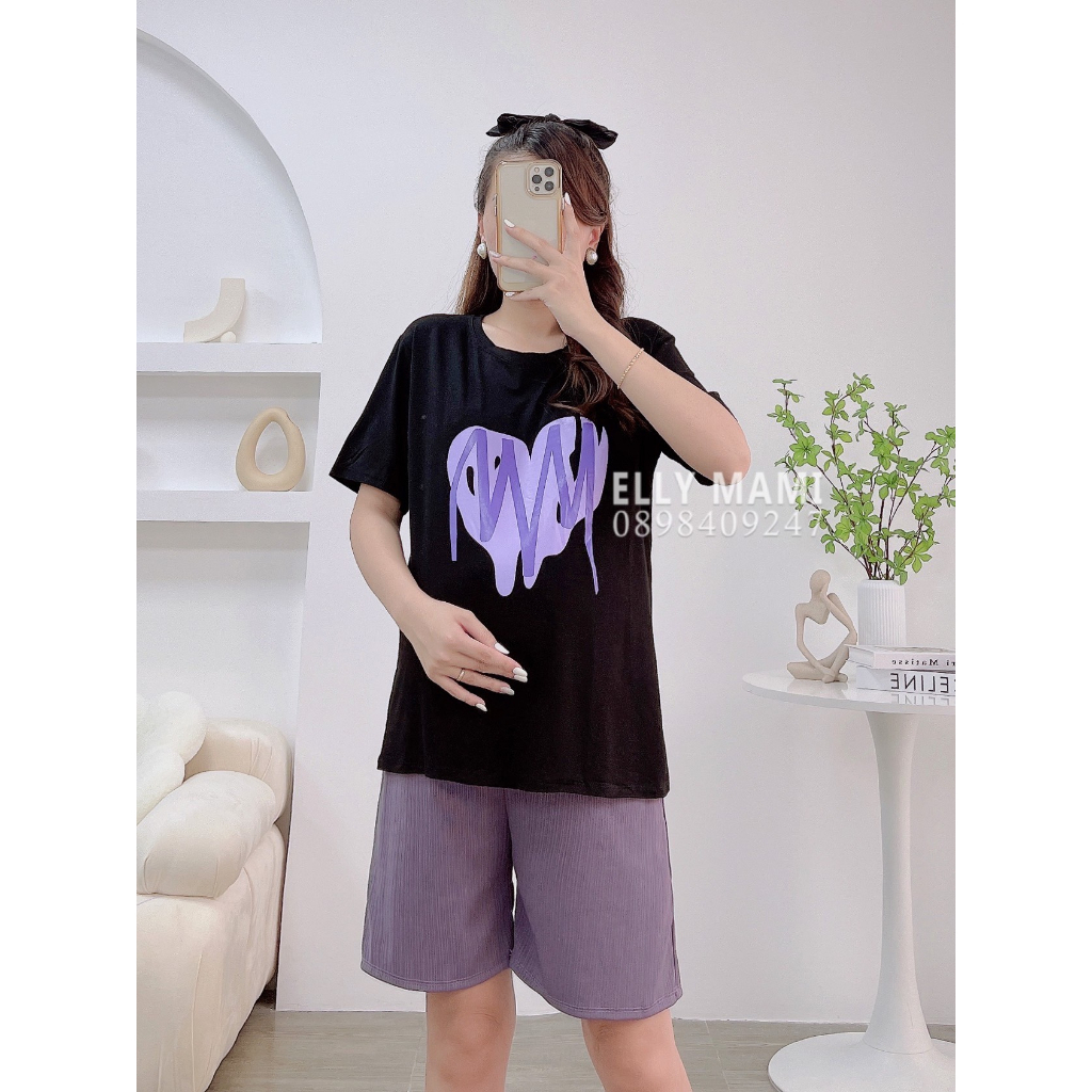 ( 40kg - 75kg ) Đồ Bộ Bầu Và Sau Sinh Thun Tim Xinh , Áo Ngắn Tay &amp; Quần Cộc Form Dễ Mặc , Siêu Mát Nhẹ Tênh