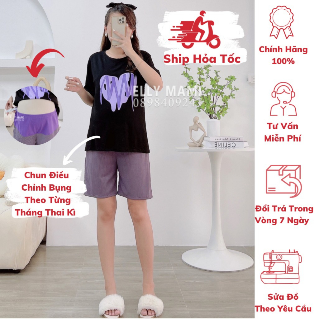 ( 40kg - 75kg ) Đồ Bộ Bầu Và Sau Sinh Thun Tim Xinh , Áo Ngắn Tay &amp; Quần Cộc Form Dễ Mặc , Siêu Mát Nhẹ Tênh
