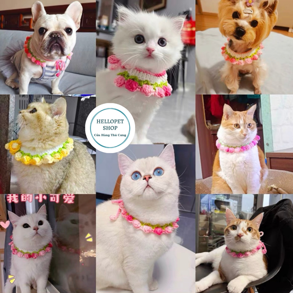 Vòng cổ cho chó mèo bằng len hình hoa tulip dễ thương HELLOPET, Vòng cổ đan len thủ công mềm mại cho thú cưng
