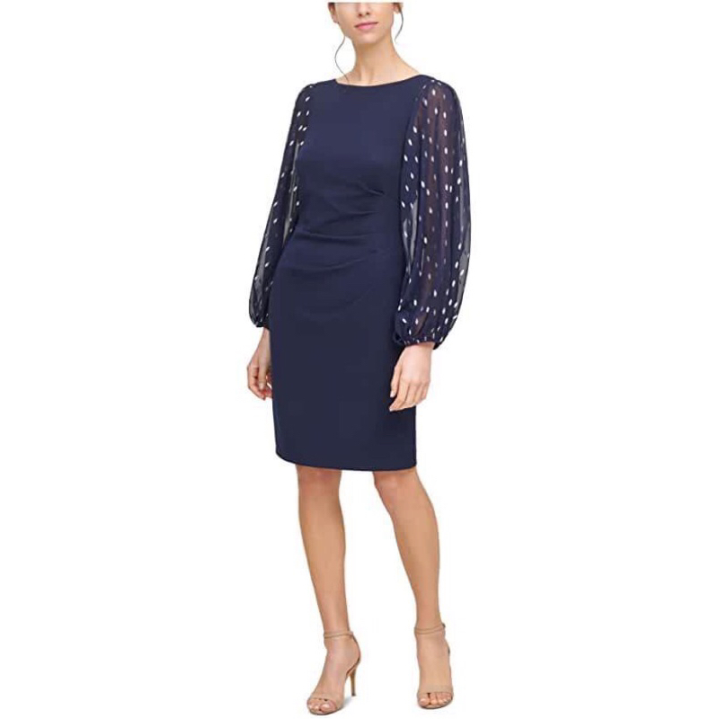 Đầm đi tiệc midi xếp ly eo phối tay voan JESSICA HOWARD size 6p