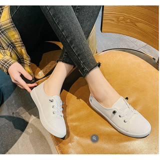 NGHỈ BÁN XẢ 75K Giày lười nữ vải trắng, đen siêu nhẹ dây rút, giày slip on nữ
