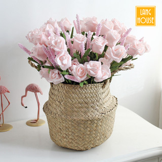 Hoa Giả Lụa - HOA HỒNG XỐP KÈM BI ĐIỂM 1 Cành 6 Bông