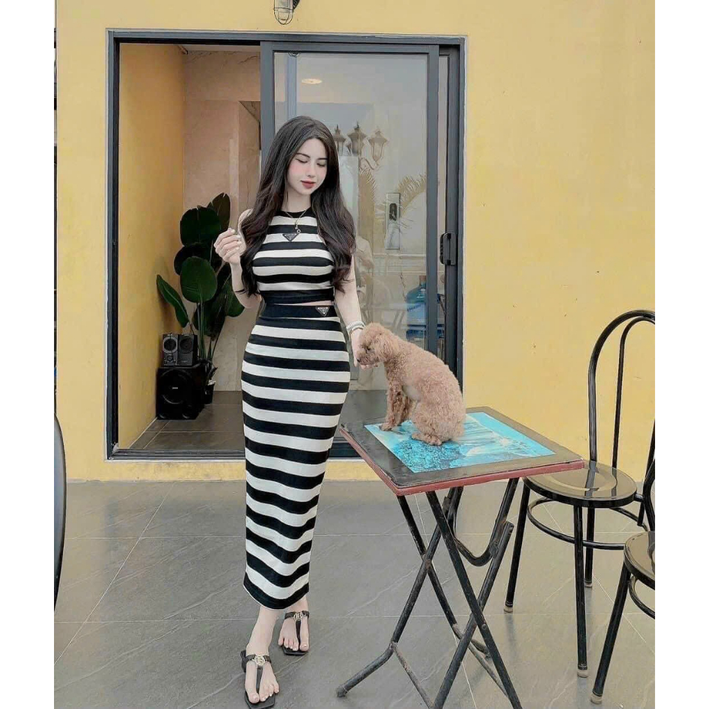 Set đầm body áo croptop sát nách kẻ sọc ngang chất gân đẹp kèm chân váy dài cực xinh đẹp quyến rũ