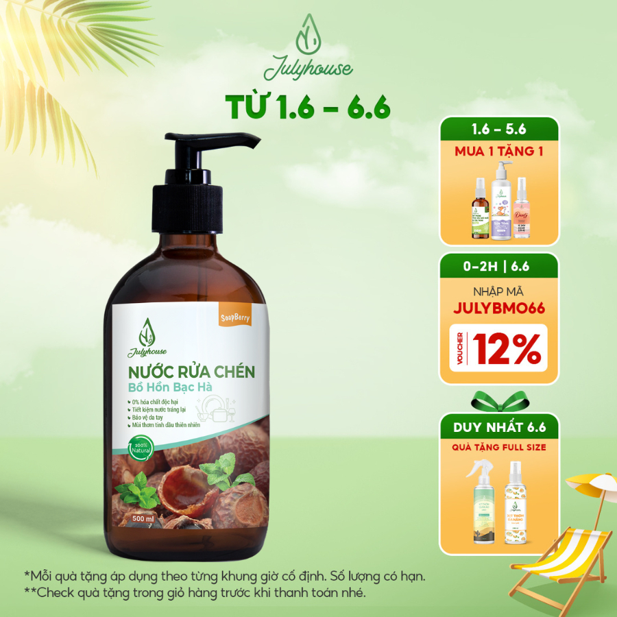 Nước rửa chén hữu cơ chiết xuất Bồ Hòn và tinh dầu Bạc Hà 500ml JULYHOUSE khử mùi tanh