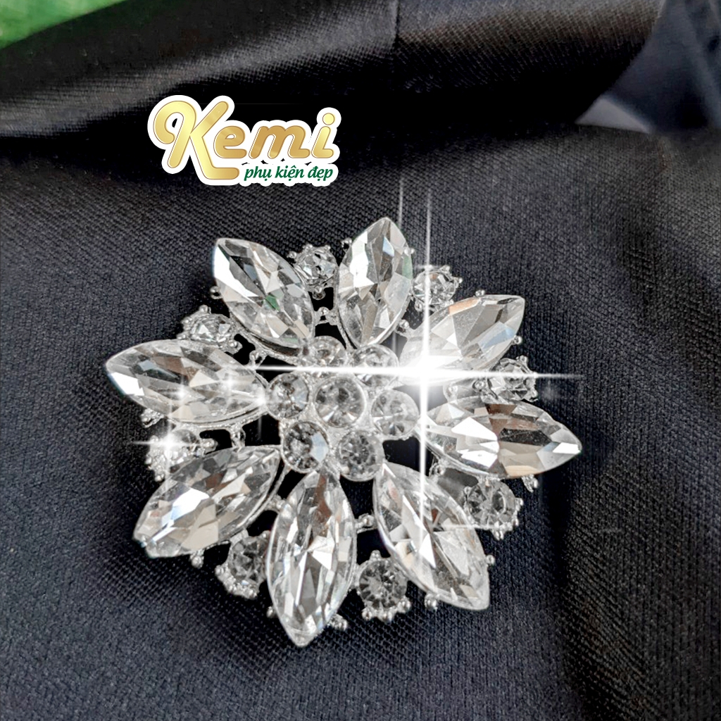Ghim cài áo hình bông tuyét gắn đá 8 cánh size lớn 4,2cm phụ kiện gài áo váy đầm