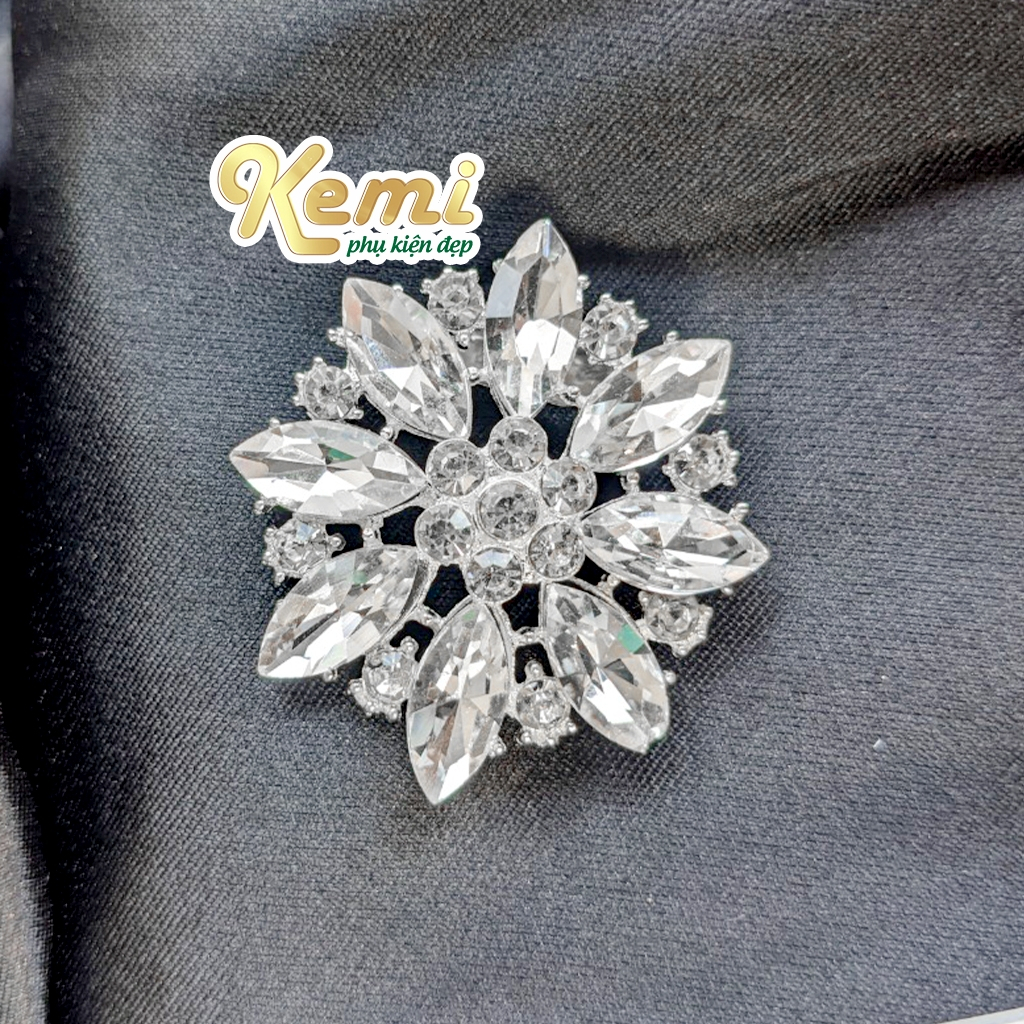 Ghim cài áo hình bông tuyét gắn đá 8 cánh size lớn 4,2cm phụ kiện gài áo váy đầm