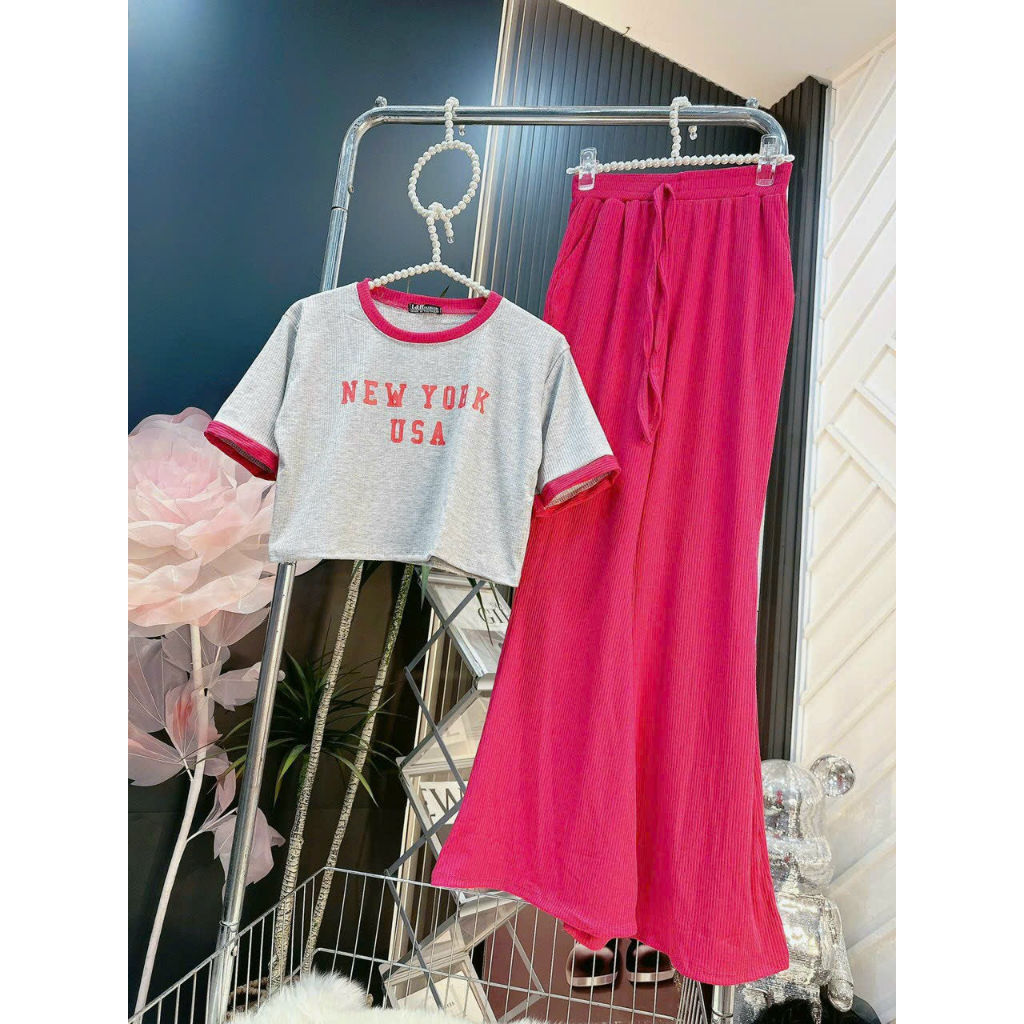 [6,6 Sales Freeship] Set bộ ulzzang phong cách hàn quốc,set thun gân áo croptop tay ngắn in hình mix quần dài ống suôngg